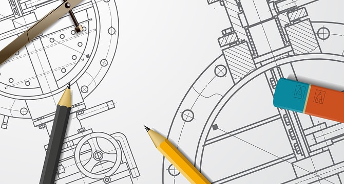 設計図と鉛筆、消しゴムのイメージイラスト