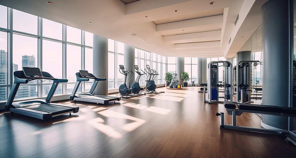 見晴らしの良い大きな窓があるトレーニングジム