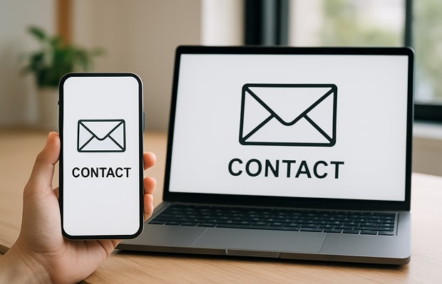 机に置かれたノートパソコンと、スマートフォンを手に持つ様子