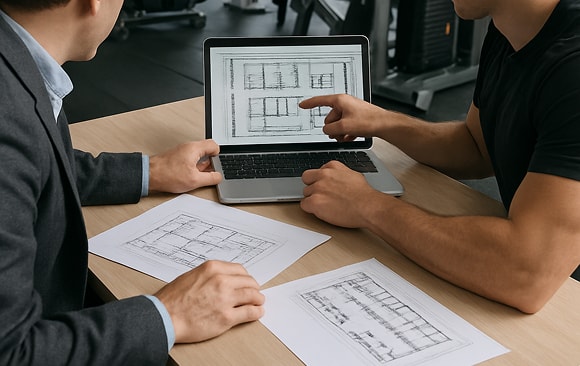 ジムの中でパソコンを見ながら打ち合わせする様子