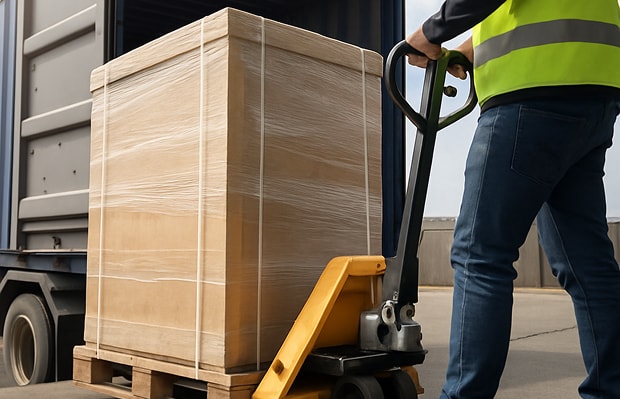 梱包されたトレーニングマシンをトラックに積み込む様子