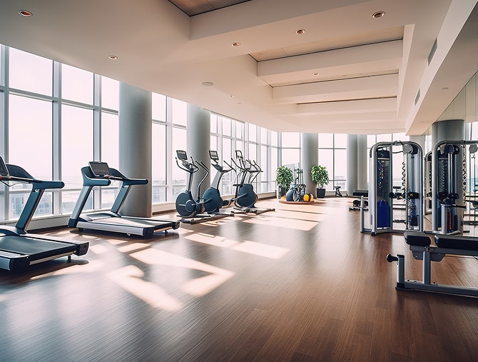 見晴らしの良い大きな窓があるトレーニングジム