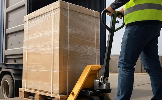 梱包されたトレーニングマシンをトラックに積み込む様子